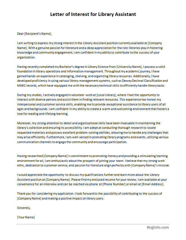 letter of interest template for library assistant Demonstration of crafting tailored content by utilizing a letter of interest template for library assistant