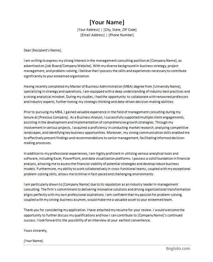 management consulting cover letter template Optimized layout and structure of a management consulting cover letter template for better readability