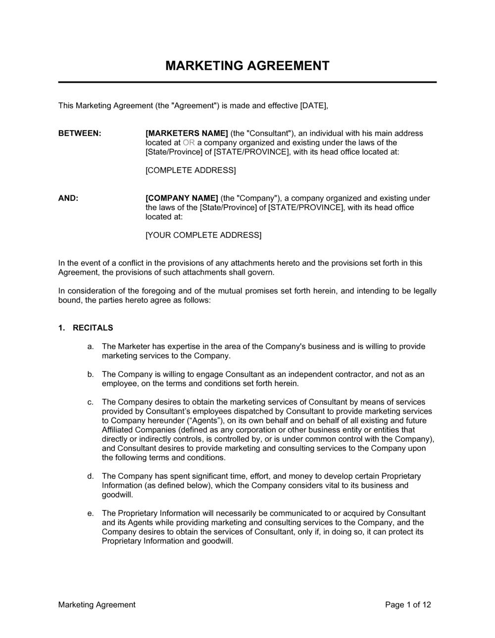 sample marketing agreement template sample marketing agreement template