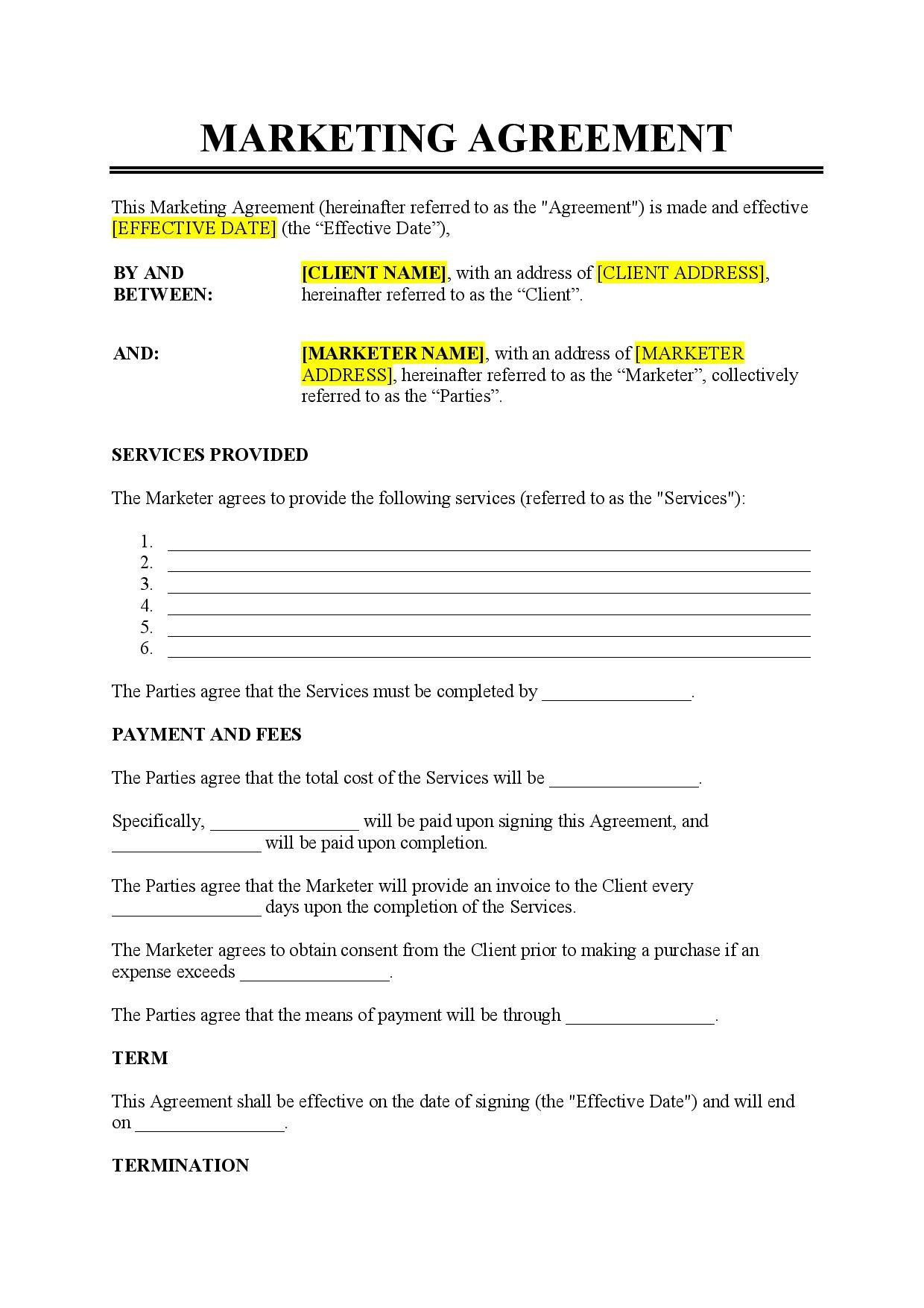 sample marketing agreement template sample marketing agreement template