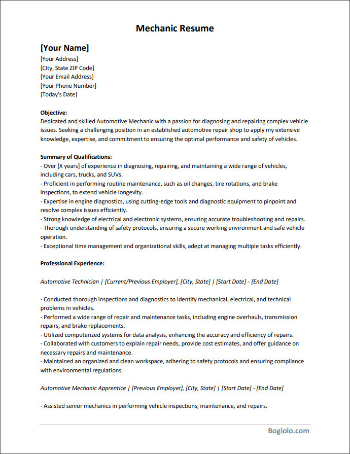mechanic resume template Downloadable mechanic resume template available in Word for easy editing