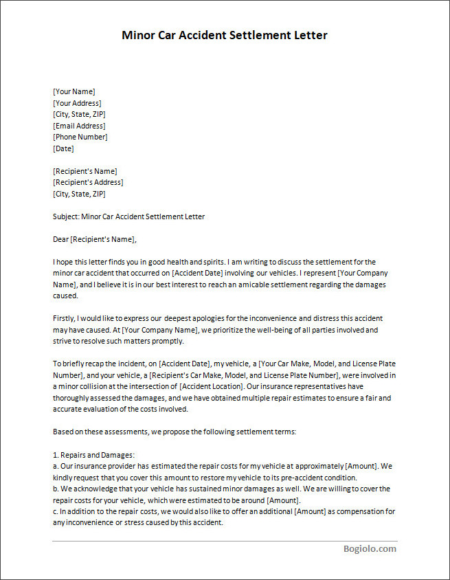minor car accident settlement letter template Printable minor car accident settlement letter template available in Word for easy editing