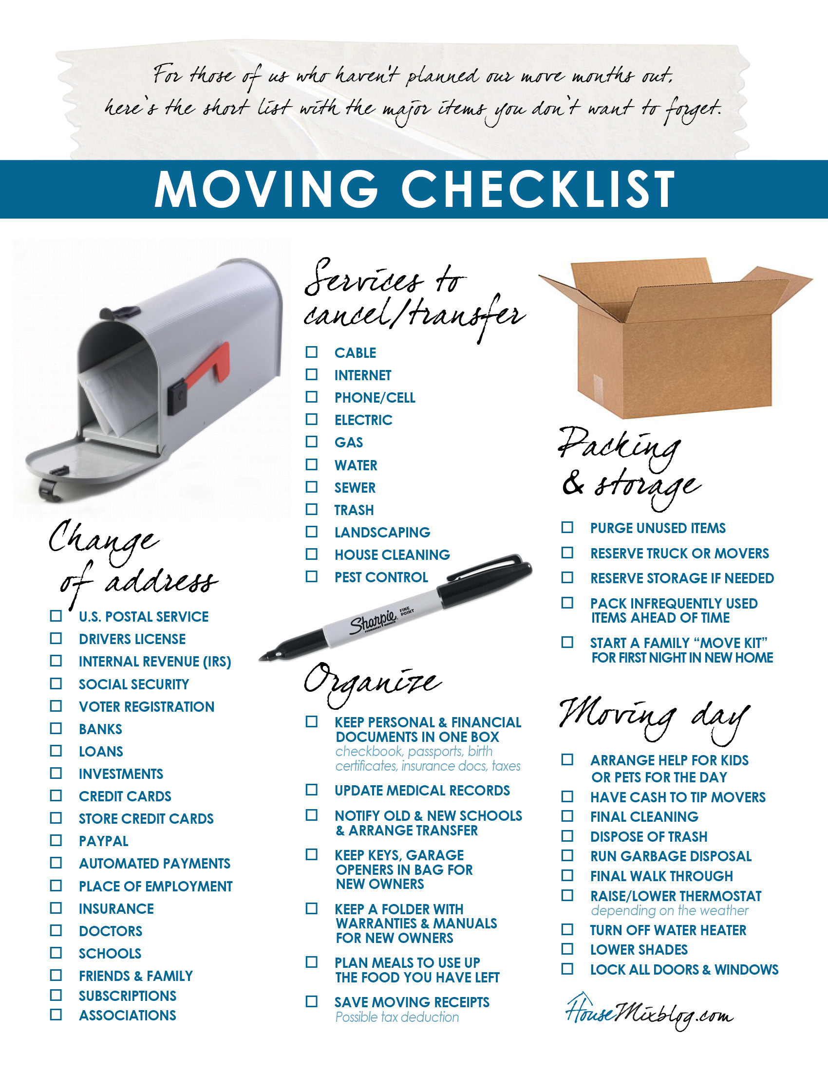 Moving part : Change of address, services to stop, organizing Moving part : Change of address, services to stop, organizing