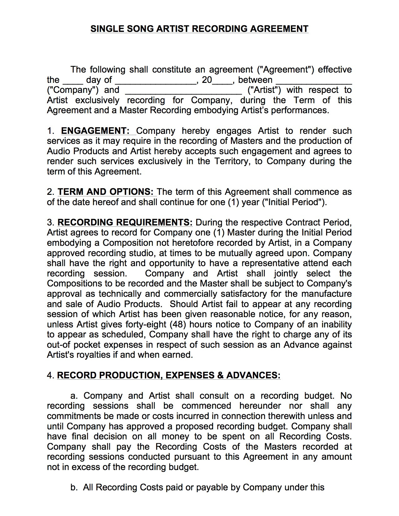 sample recording agreement template sample recording agreement template