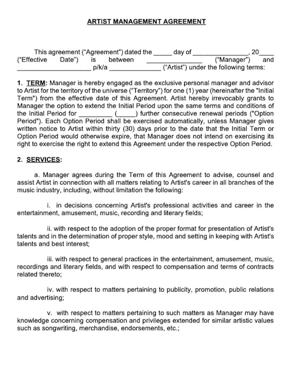 sample Talent Management Agreement Template sample Talent Management Agreement Template
