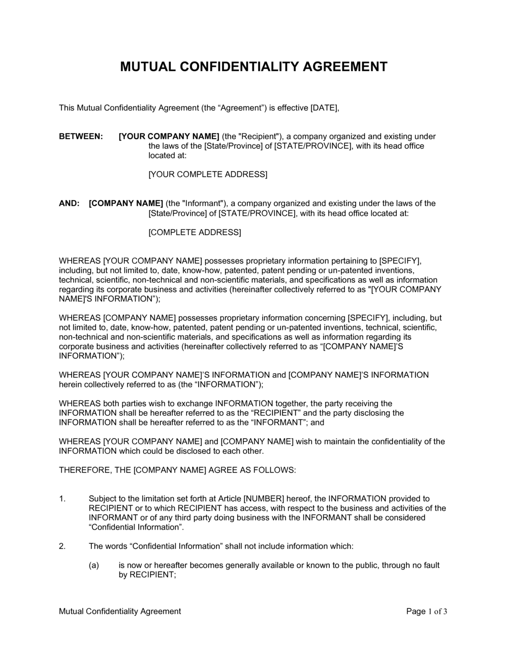 sample mutual confidentiality agreement template sample mutual confidentiality agreement template