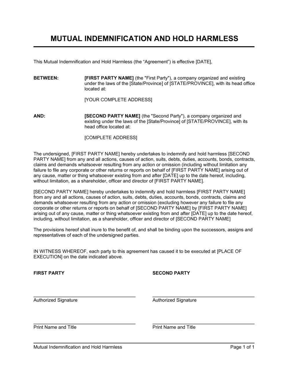 sample hold harmless agreement template sample hold harmless agreement template