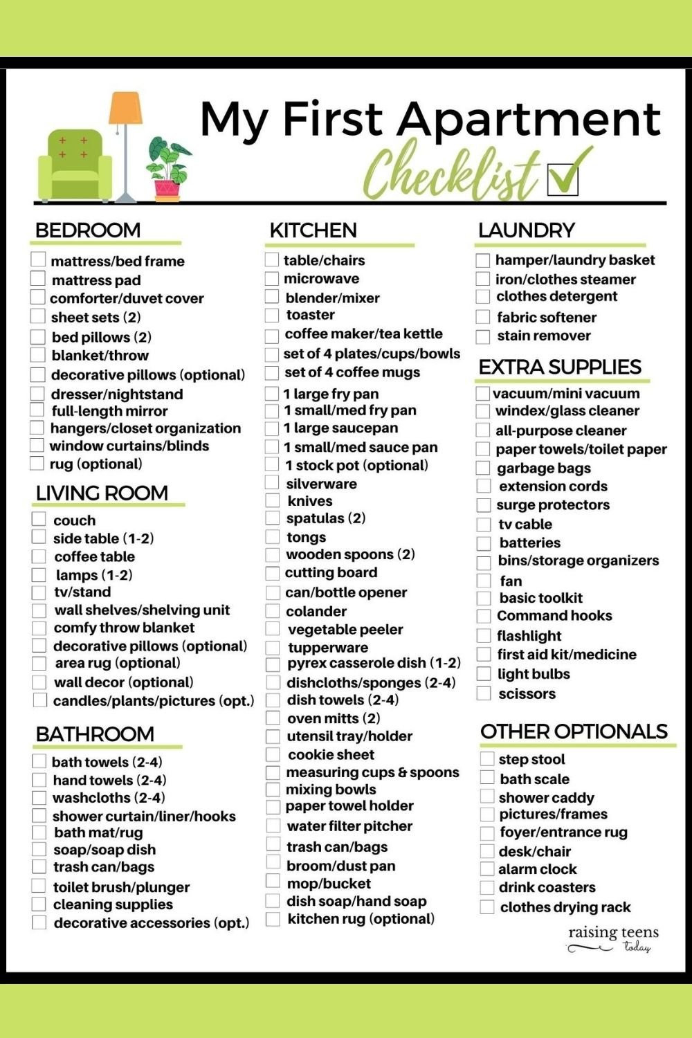 My First Apartment Checklist: FREE Printable - Raising Teens Today My First Apartment Checklist: FREE Printable - Raising Teens Today