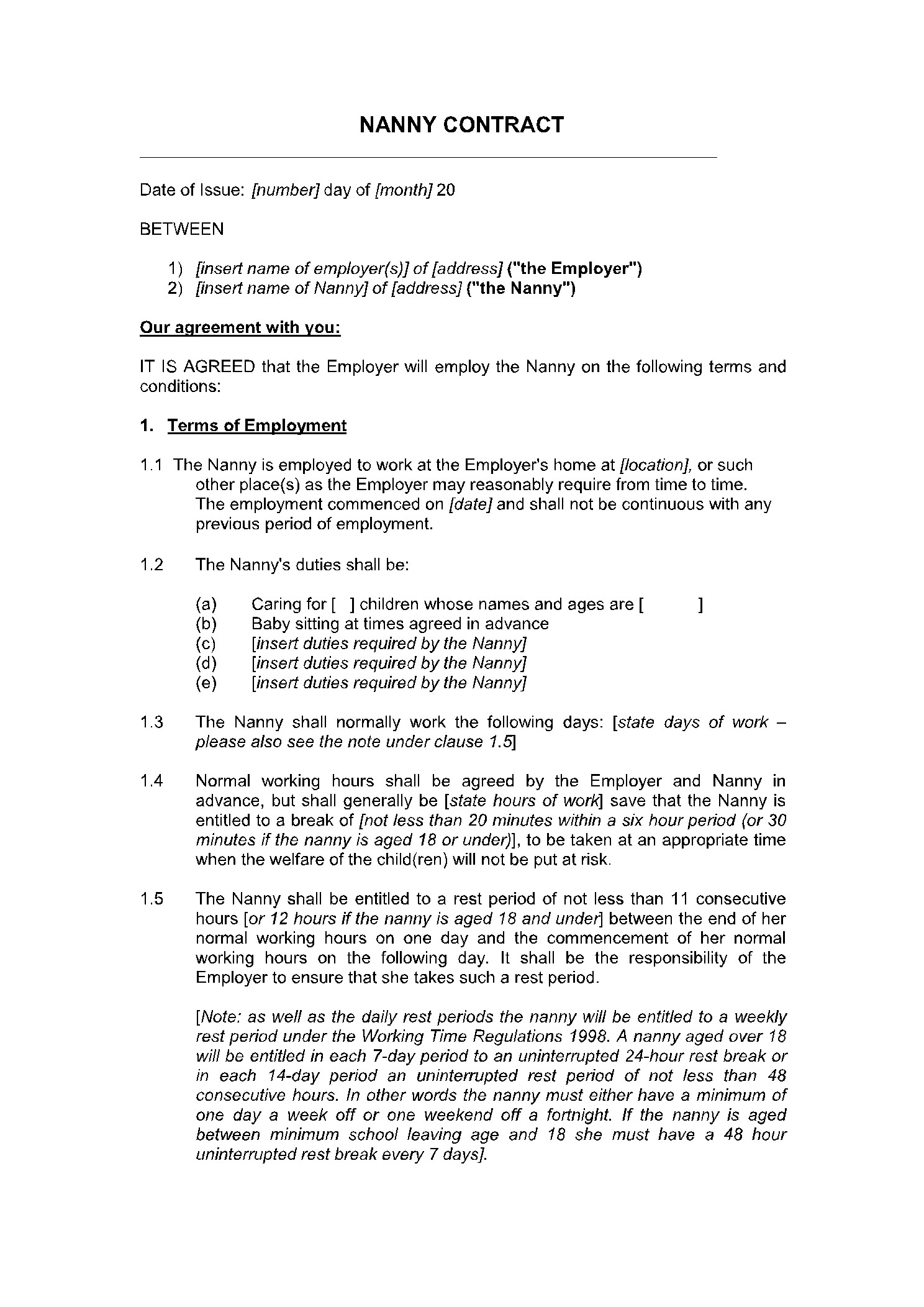 sample nanny agreement template sample nanny agreement template