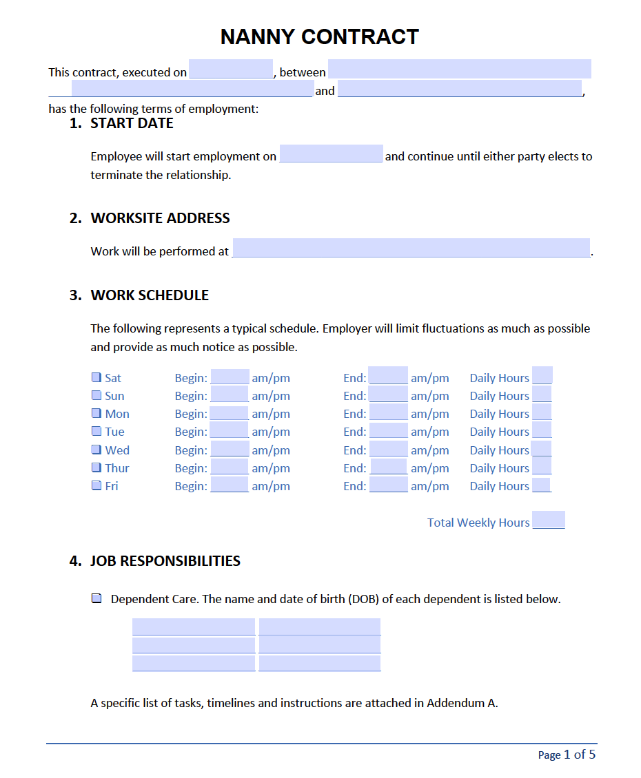 sample nanny agreement template sample nanny agreement template