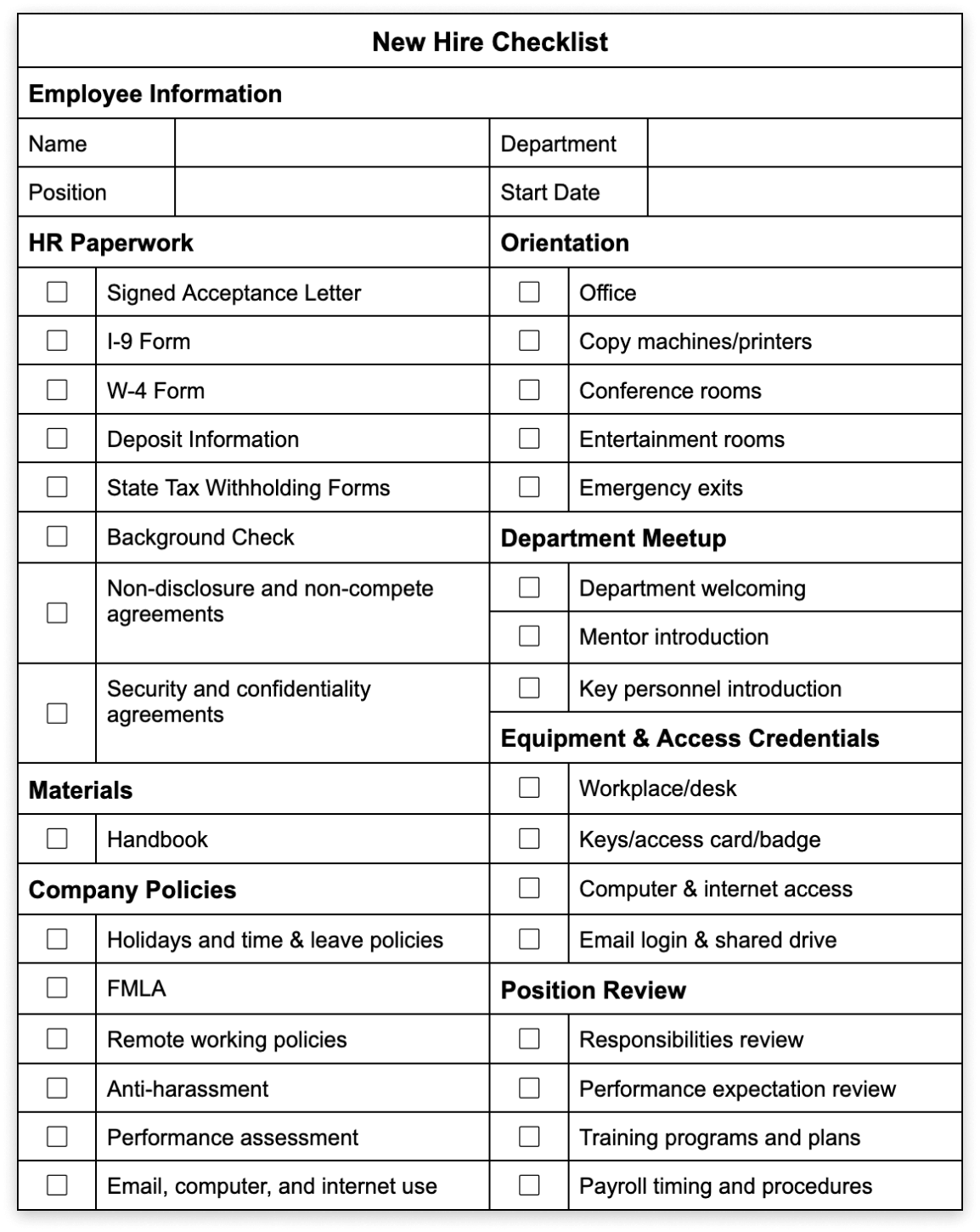 sample new hire checklist template sample new hire checklist template