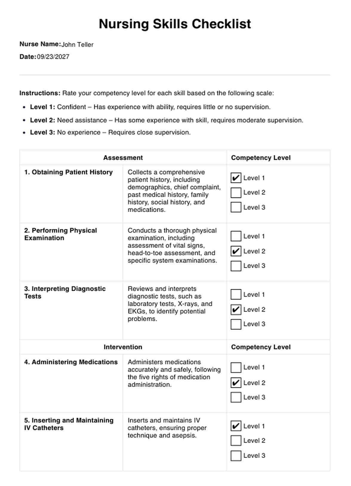 sample nursing skills checklist template sample nursing skills checklist template