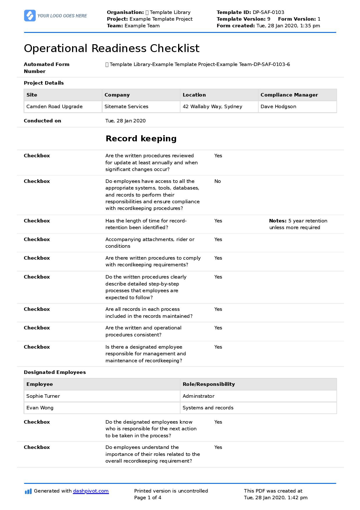 sample operational readiness checklist template sample operational readiness checklist template