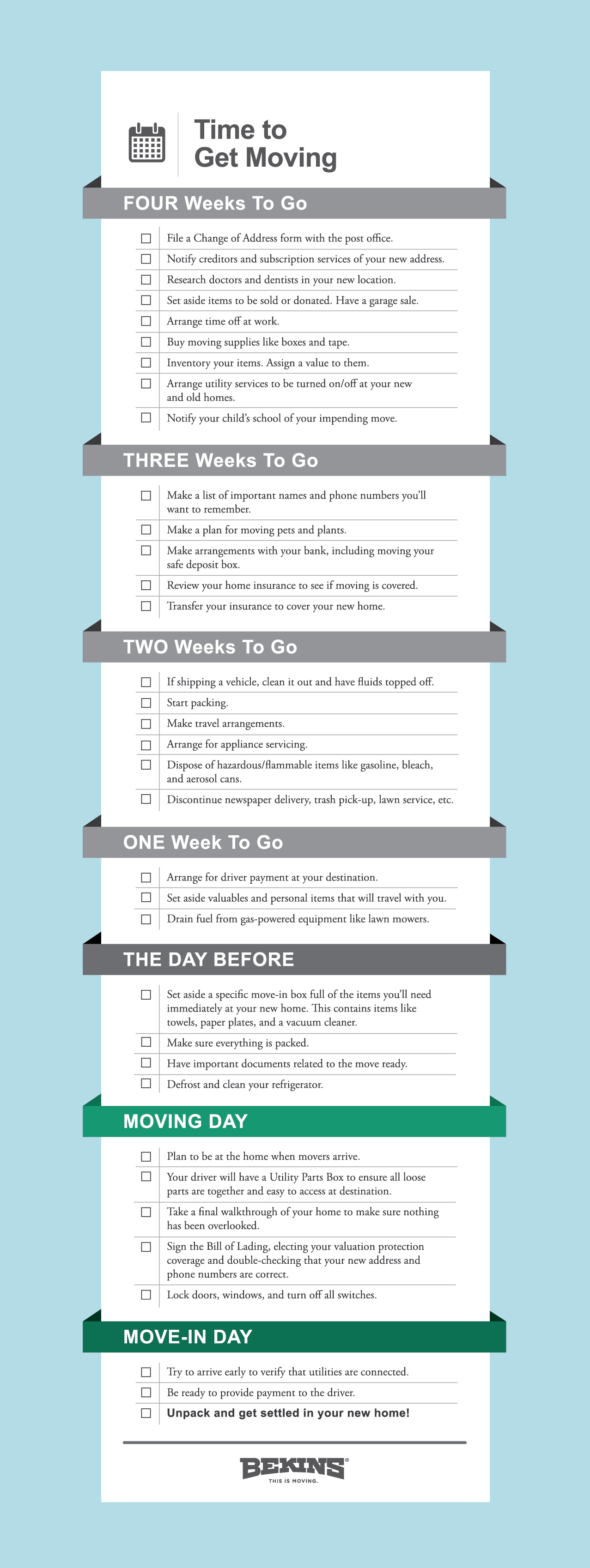 Packing Schedule for Moving Bekins Van Lines, Inc. Packing Schedule for Moving Bekins Van Lines, Inc.
