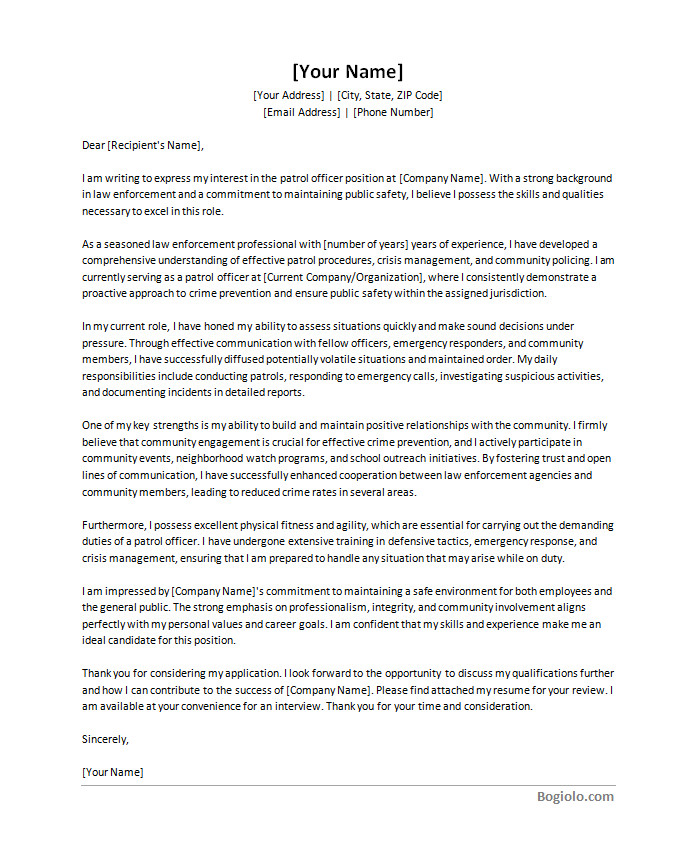 patrol officer cover letter template Printable patrol officer cover letter template available in Word for easy editing