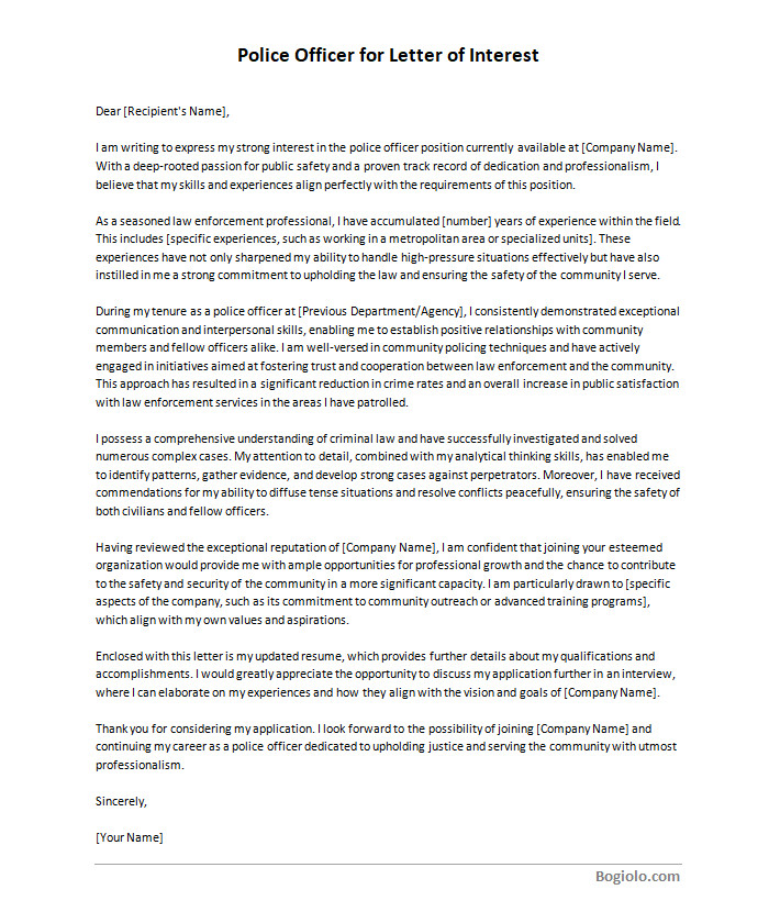 police officer template for letter of interest Downloadable police officer template for letter of interest available in Word for easy editing