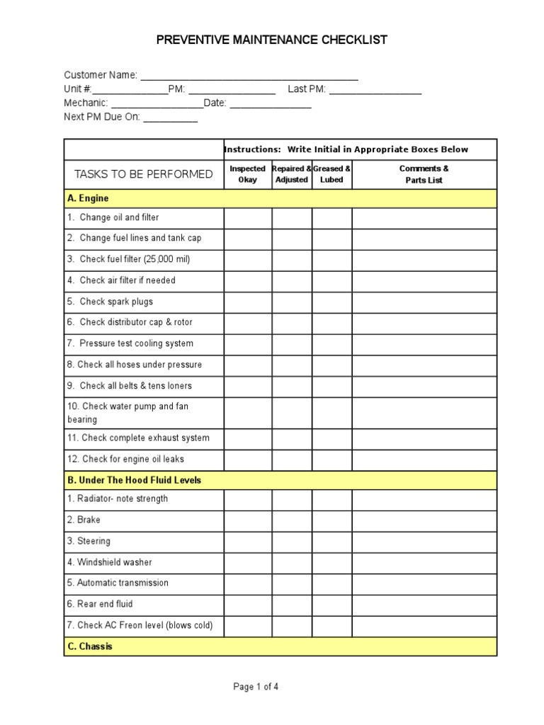 sample preventative maintenance checklist template sample preventative maintenance checklist template