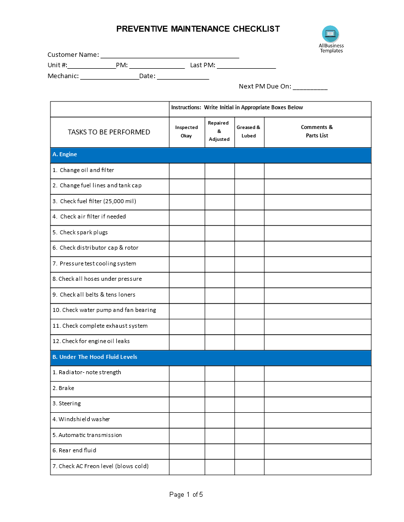 sample preventative maintenance checklist template sample preventative maintenance checklist template