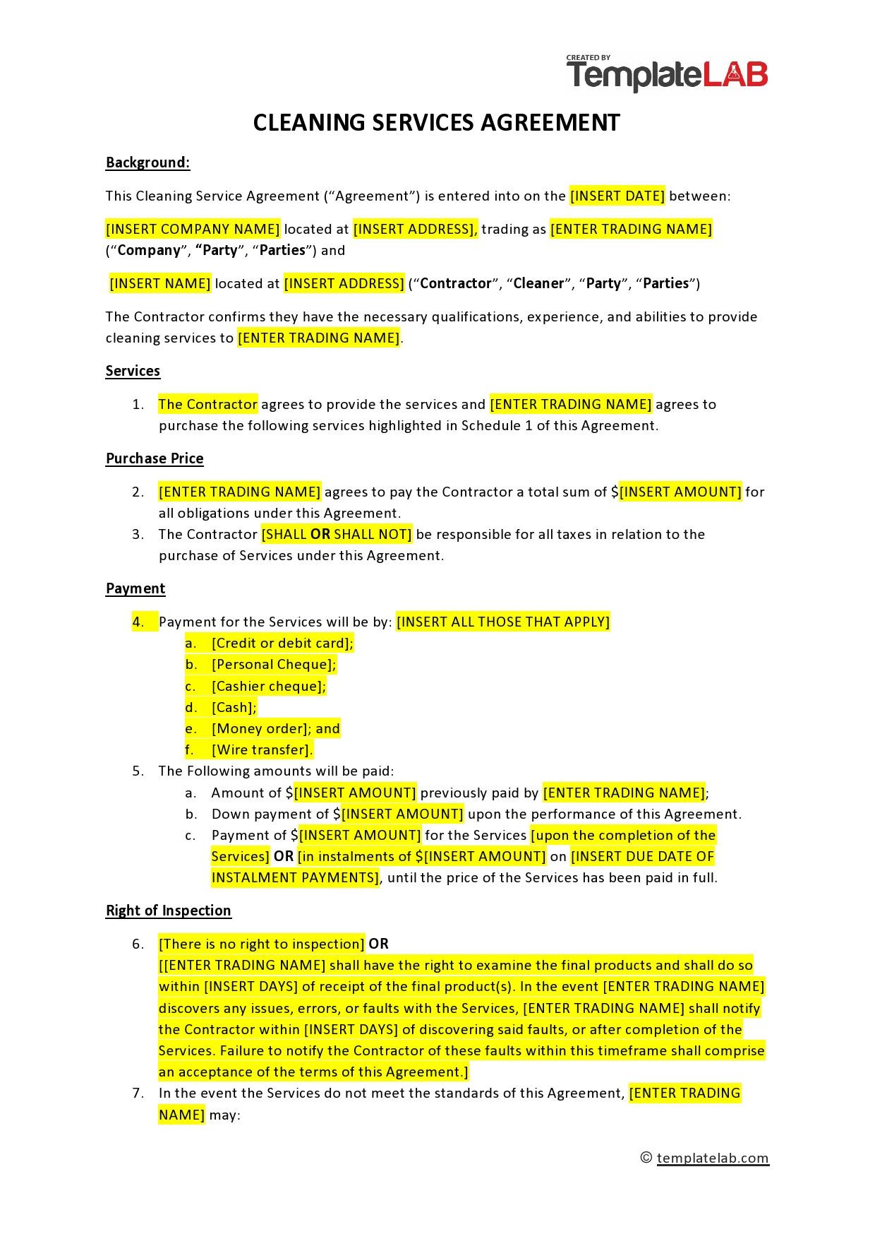 sample cleaning agreement template sample cleaning agreement template