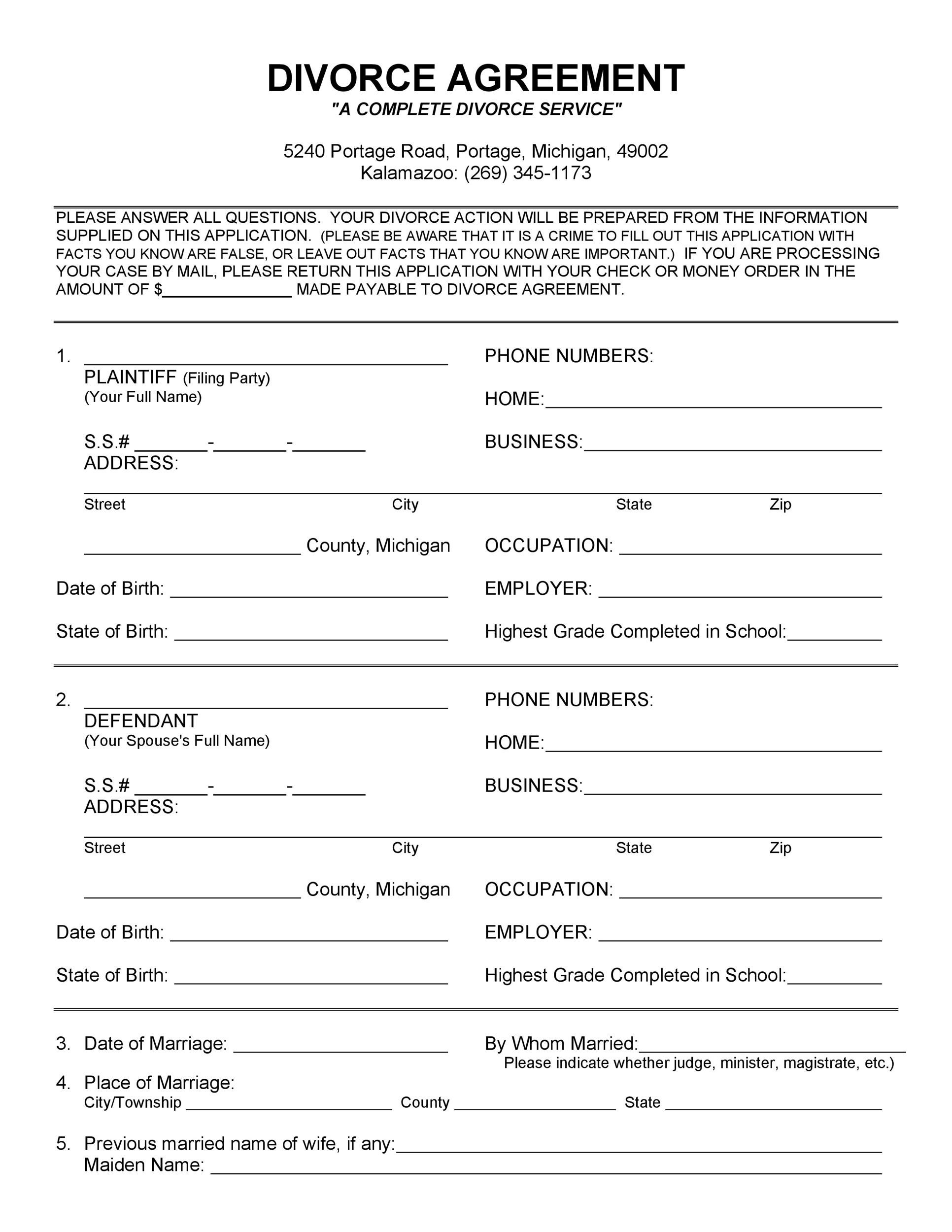 sample divorce agreement template sample divorce agreement template