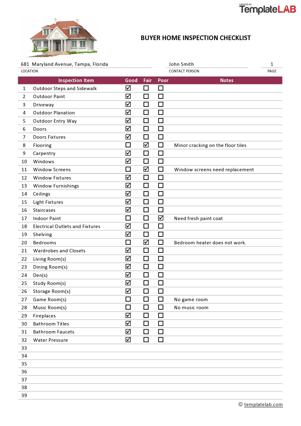 sample inspection checklist template sample inspection checklist template