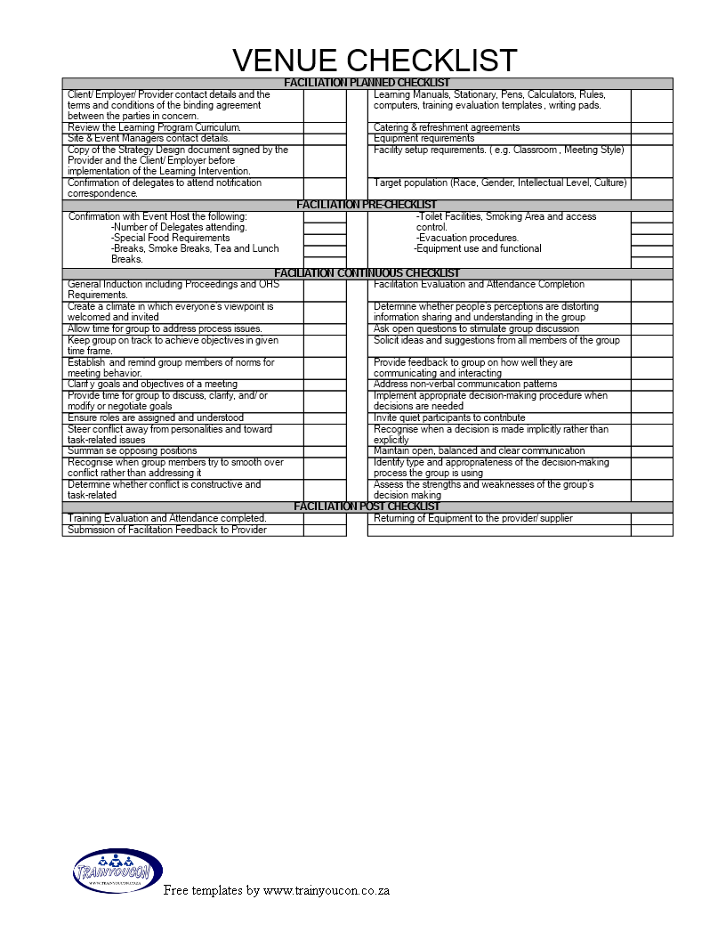 sample event venue checklist template sample event venue checklist template