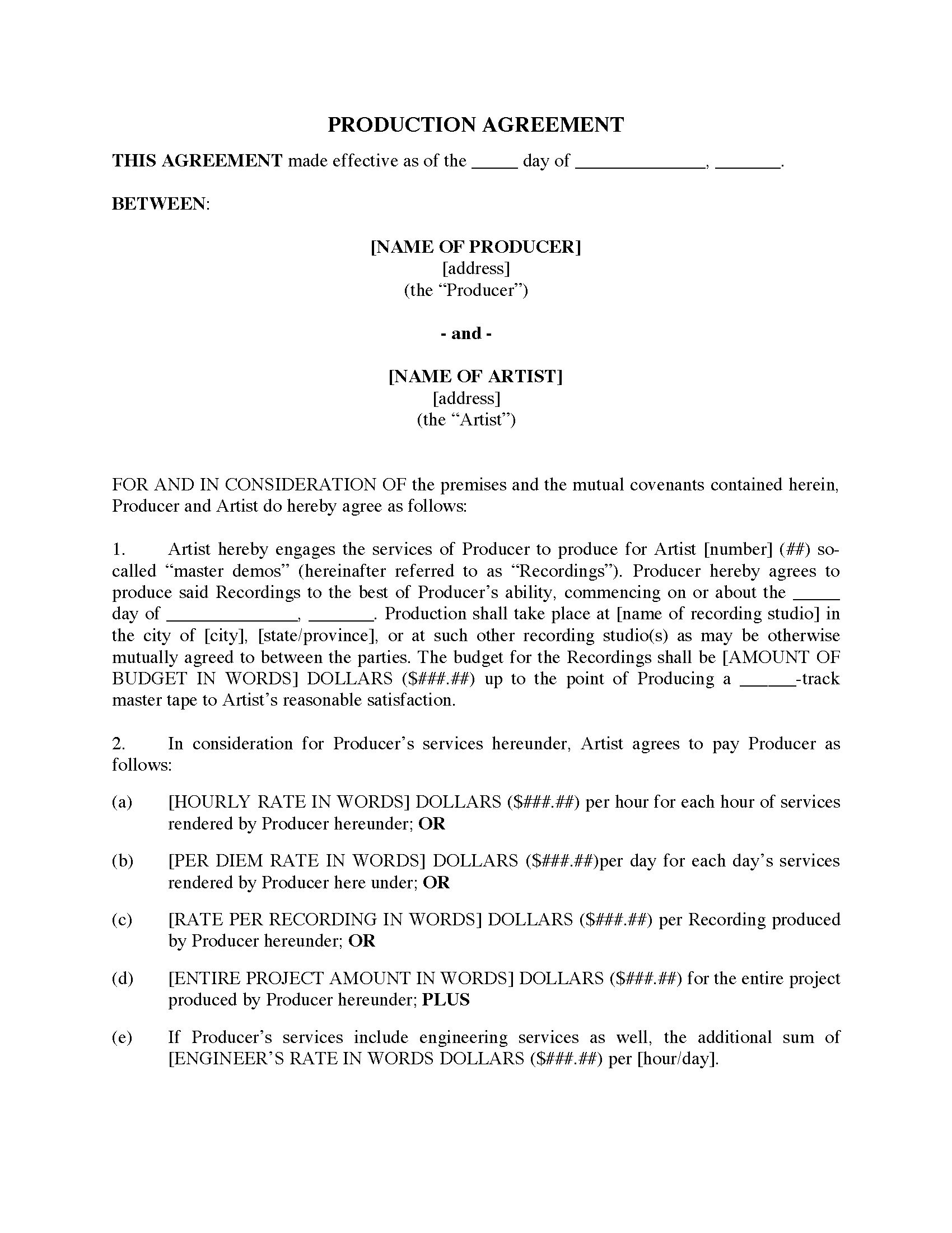 sample music production agreement template sample music production agreement template