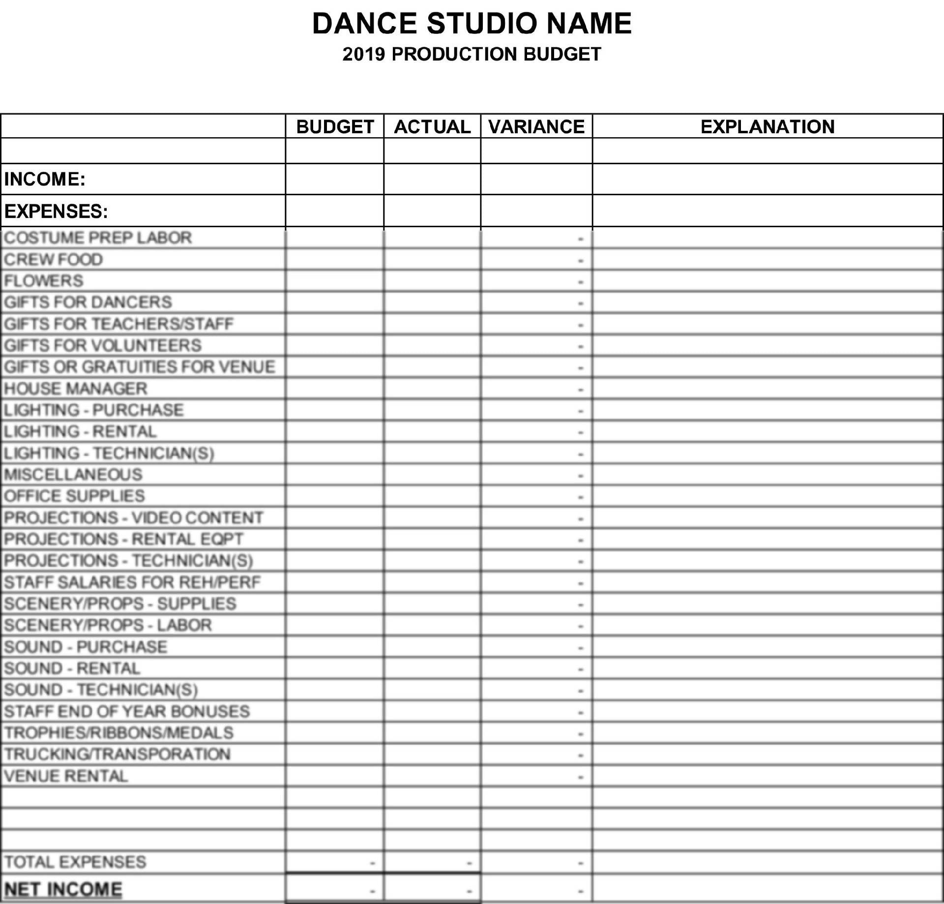 sample dance studio budget template sample dance studio budget template
