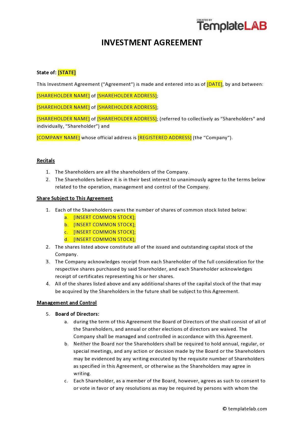 sample investment agreement template sample investment agreement template