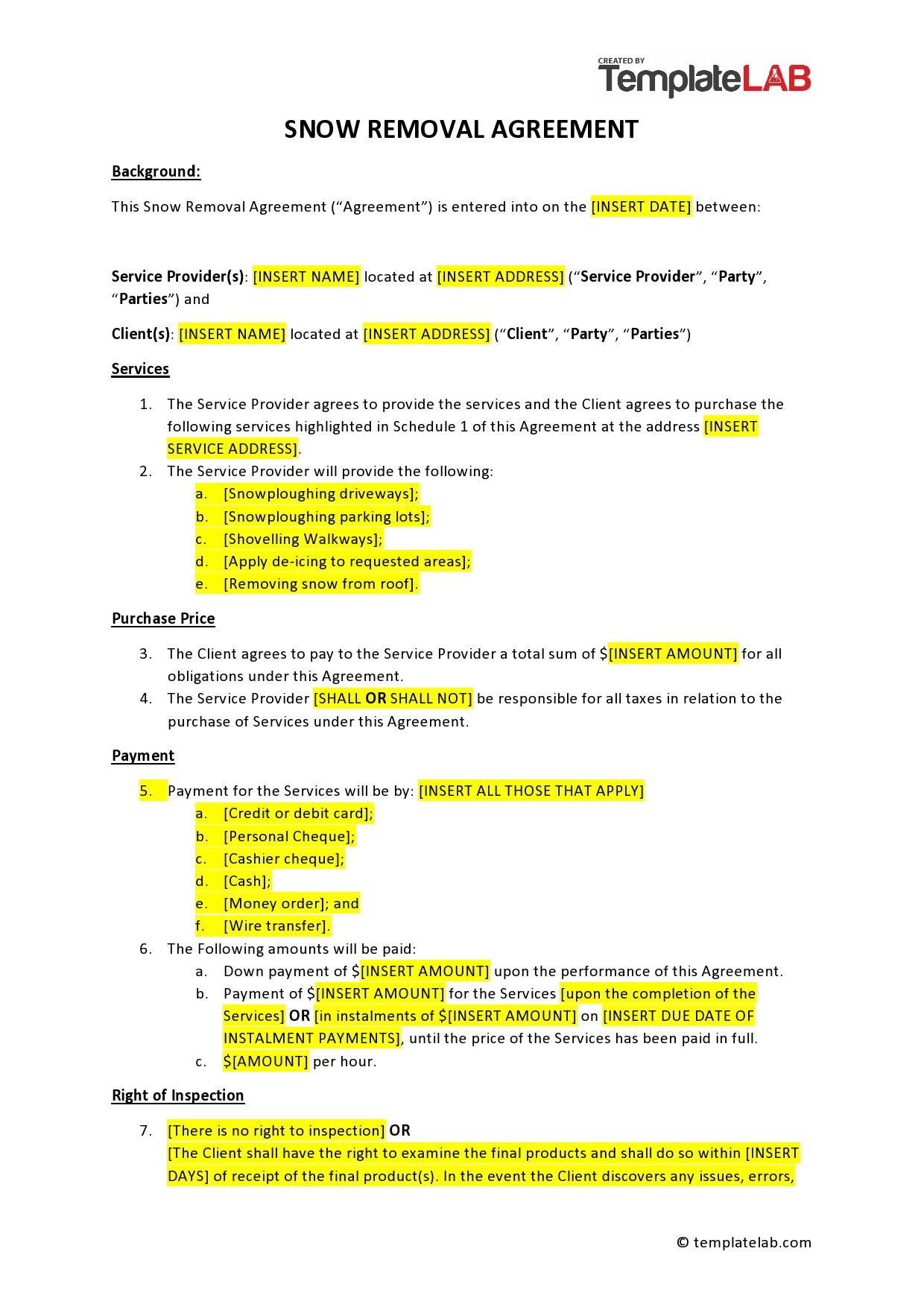 sample Snow Removal Agreement Template sample Snow Removal Agreement Template