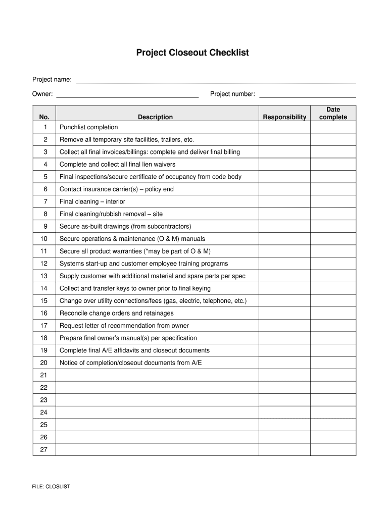 sample project closeout checklist template sample project closeout checklist template