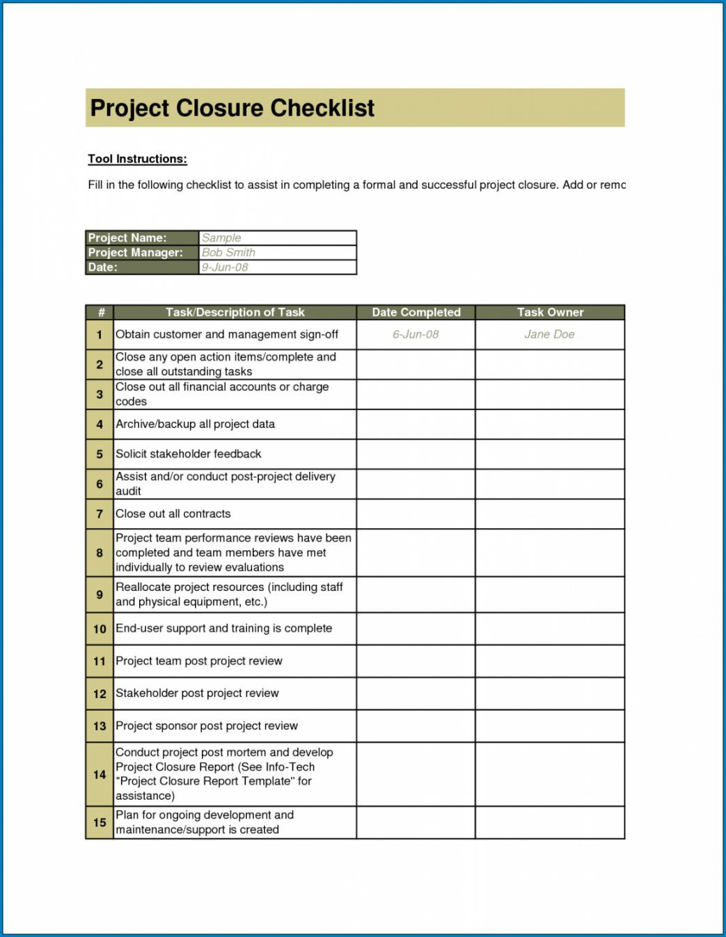 sample project closeout checklist template sample project closeout checklist template