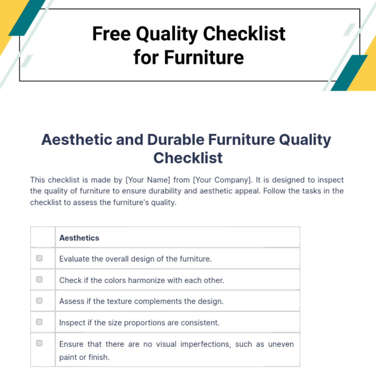 sample furniture quality control checklist template sample furniture quality control checklist template
