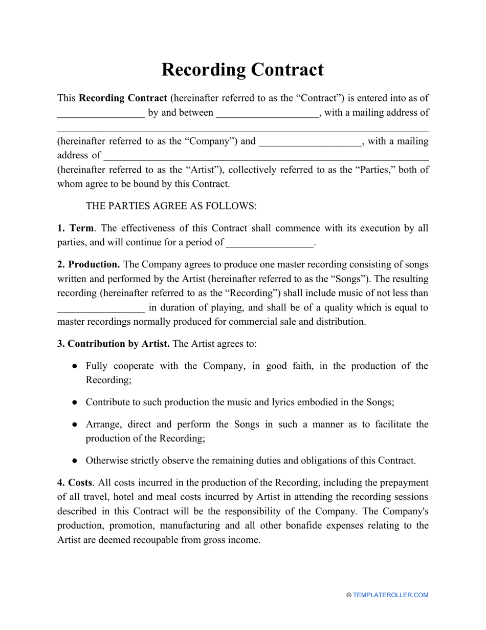sample recording agreement template sample recording agreement template