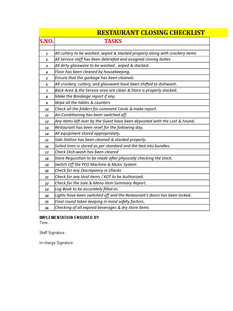 sample restaurant closing checklist template sample restaurant closing checklist template