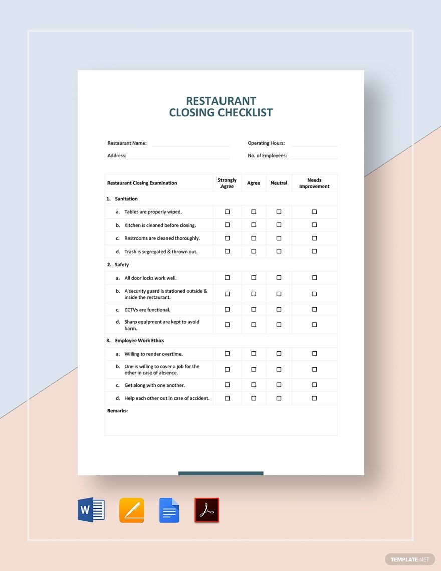 sample restaurant closing checklist template sample restaurant closing checklist template
