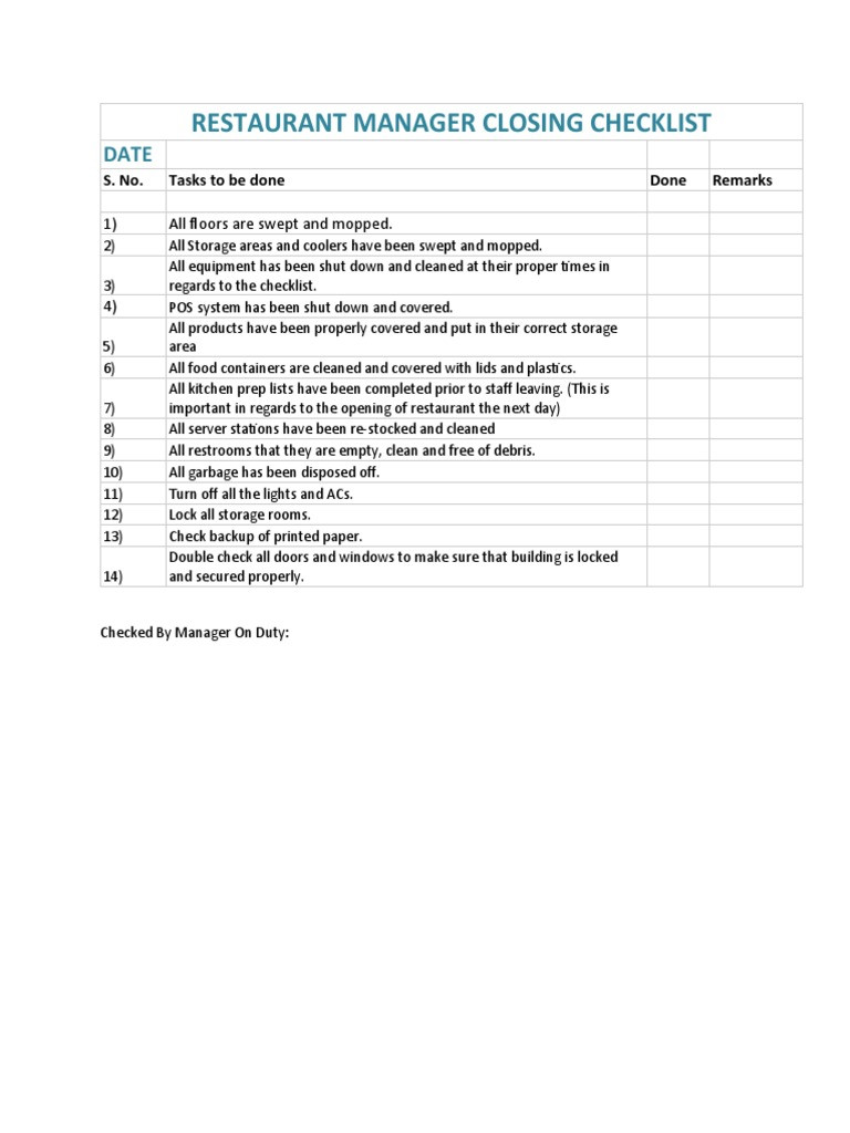 sample restaurant closing checklist template sample restaurant closing checklist template
