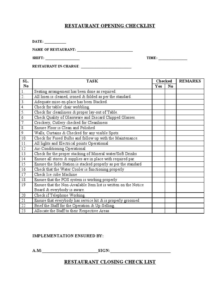 sample restaurant closing checklist template sample restaurant closing checklist template