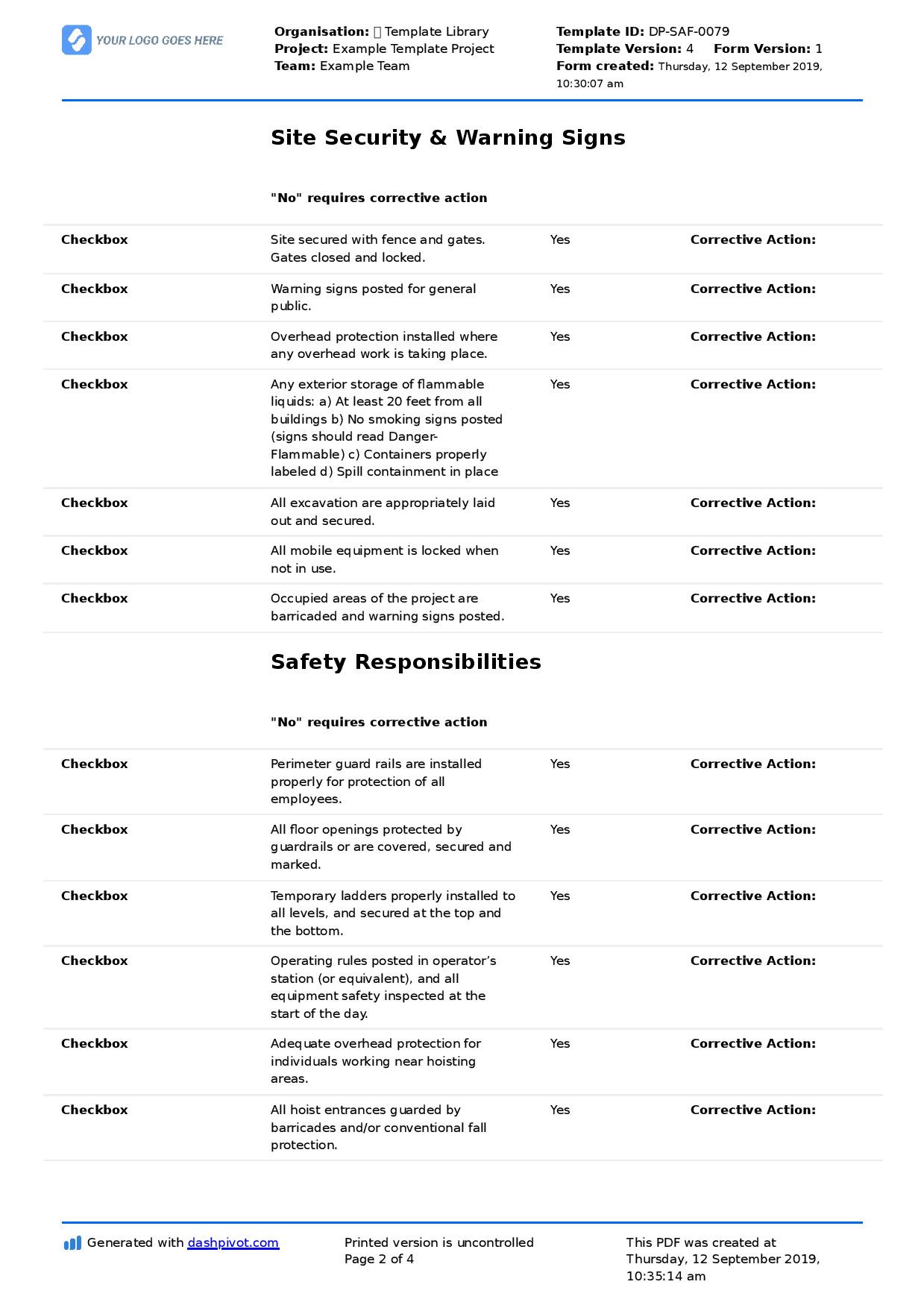 sample safety audit checklist template sample safety audit checklist template