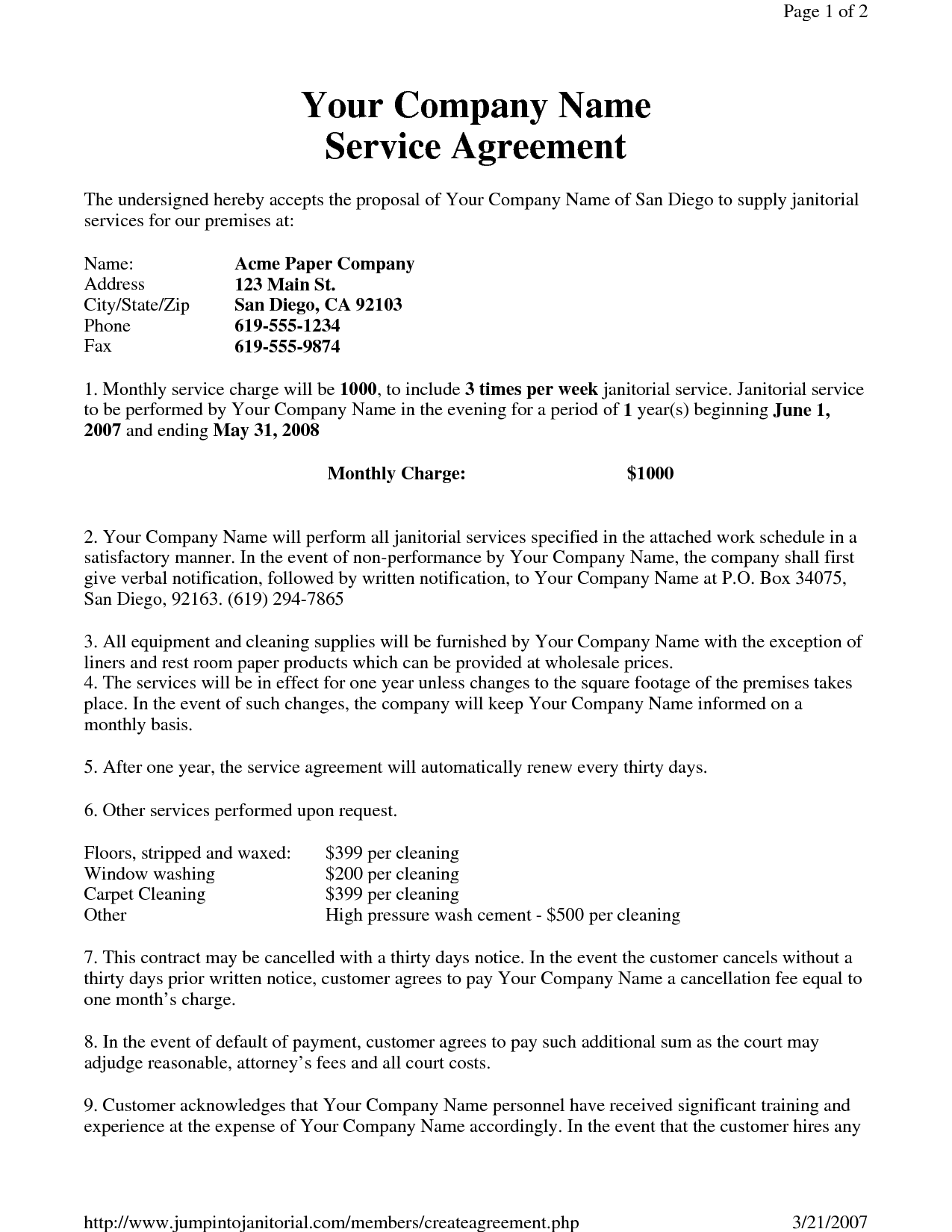 sample janitorial agreement template sample janitorial agreement template