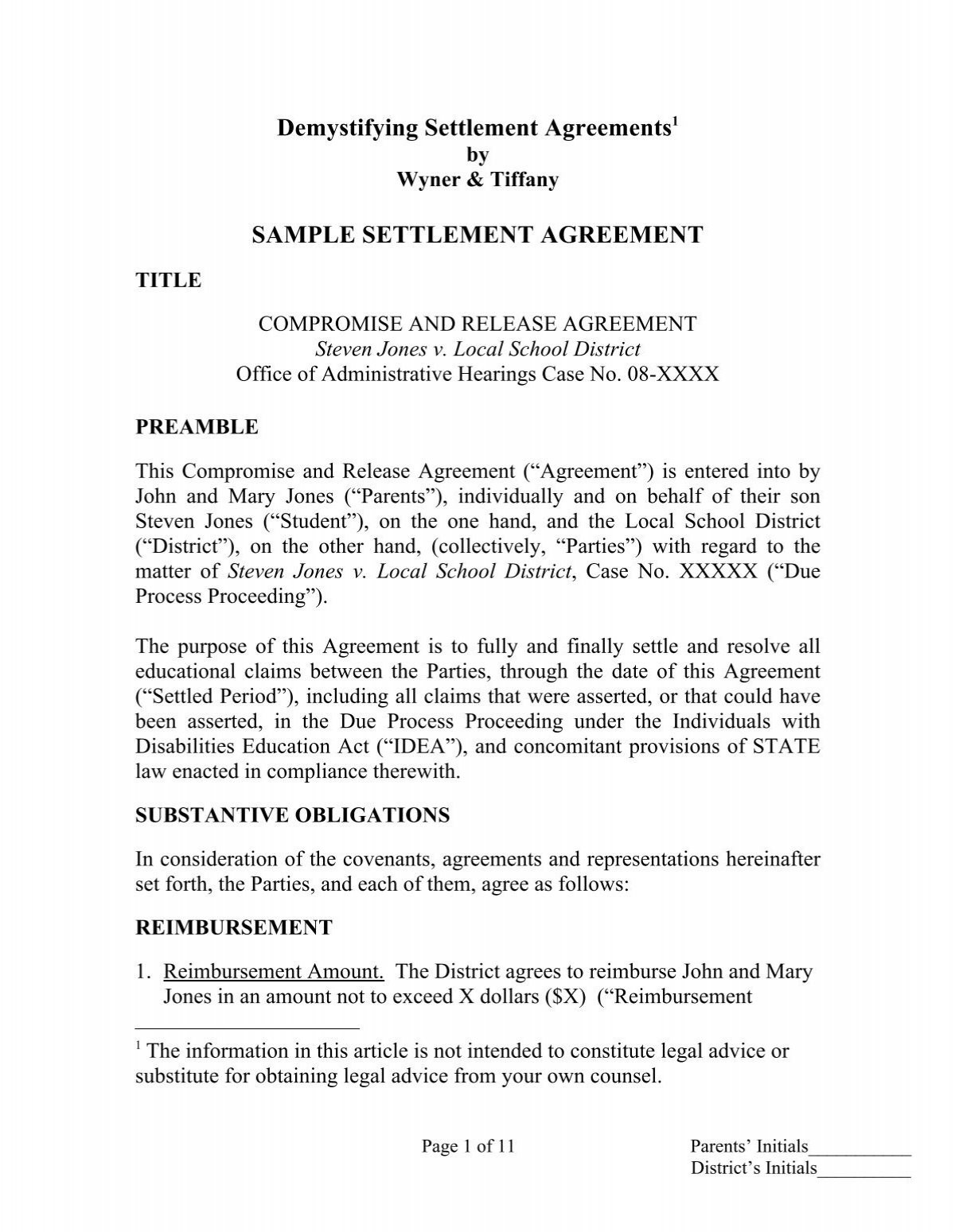sample Settlement Agreement Template sample Settlement Agreement Template