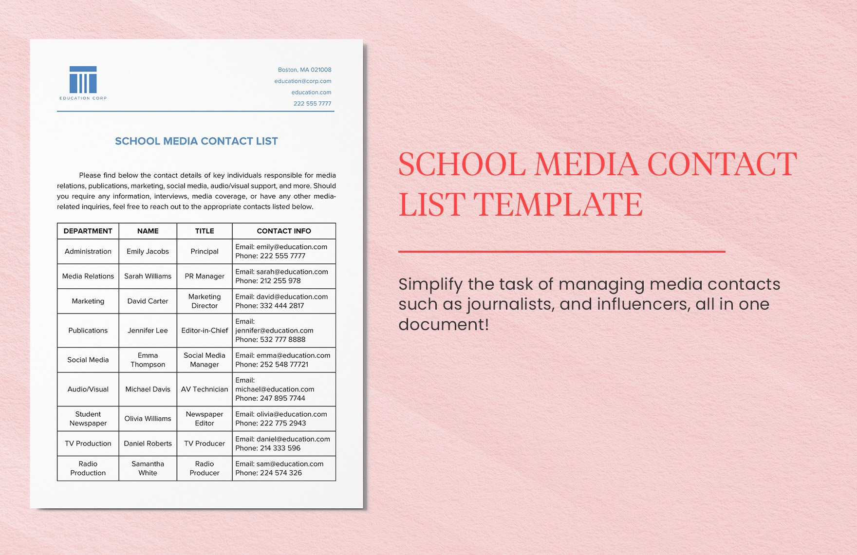 School Media Contact List Template in Word, PDF, Google Docs School Media Contact List Template in Word, PDF, Google Docs