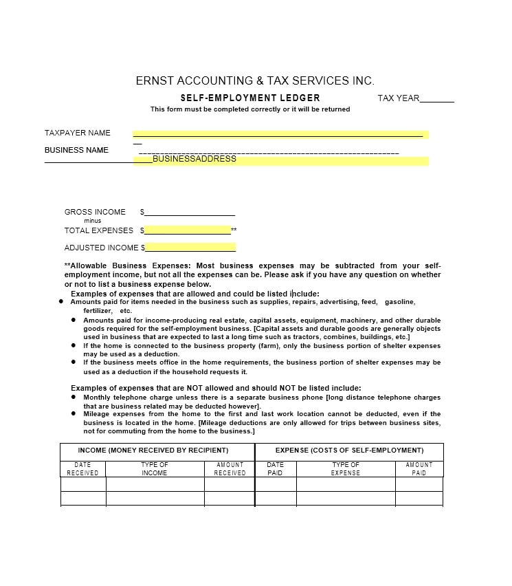 self employment ledger template self employment ledger template