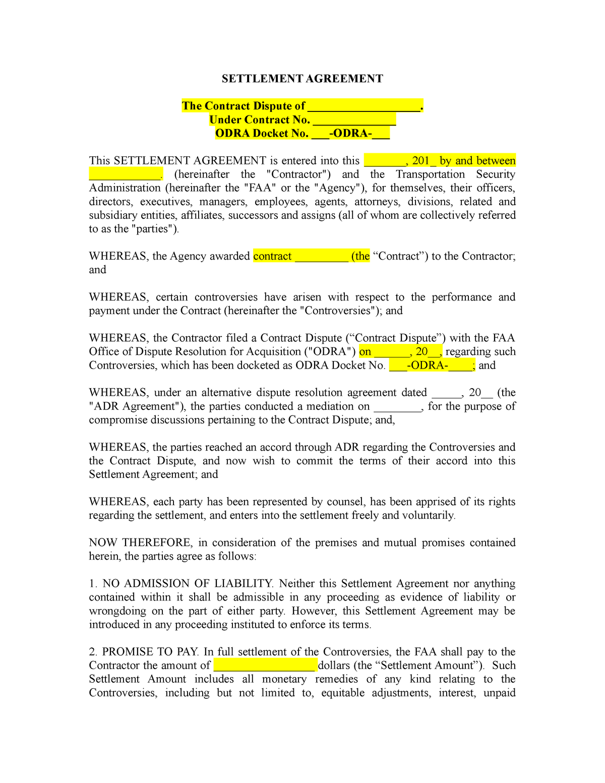 sample Settlement Agreement Template sample Settlement Agreement Template