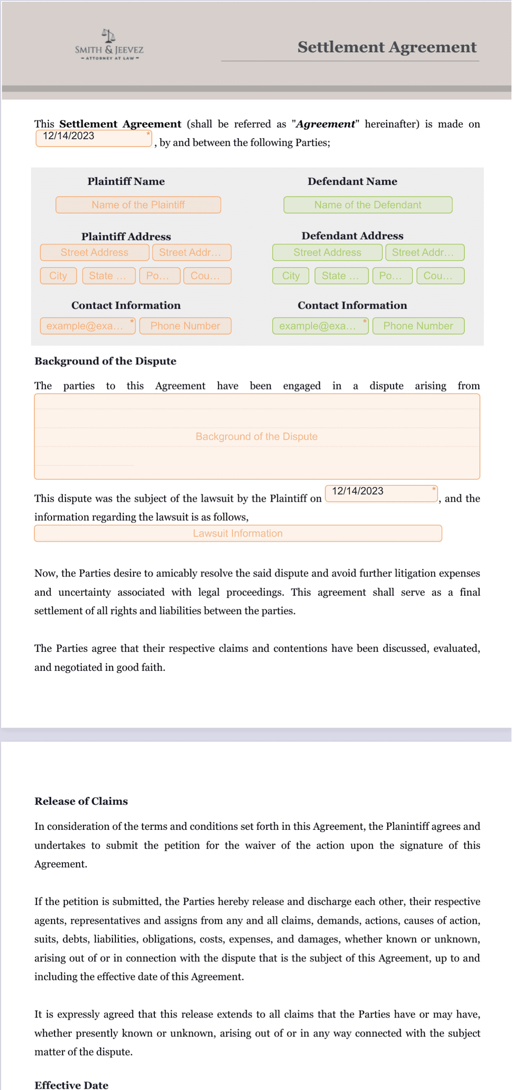 sample Settlement Agreement Template sample Settlement Agreement Template
