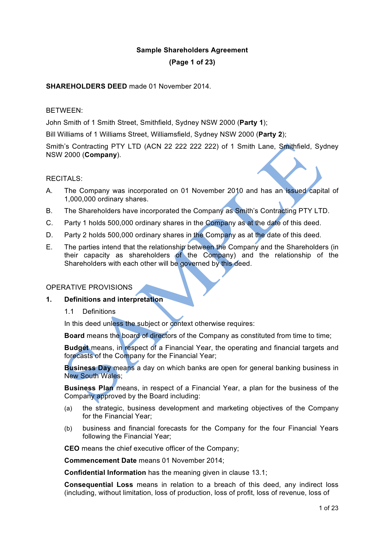 sample Shareholders Agreement Template sample Shareholders Agreement Template