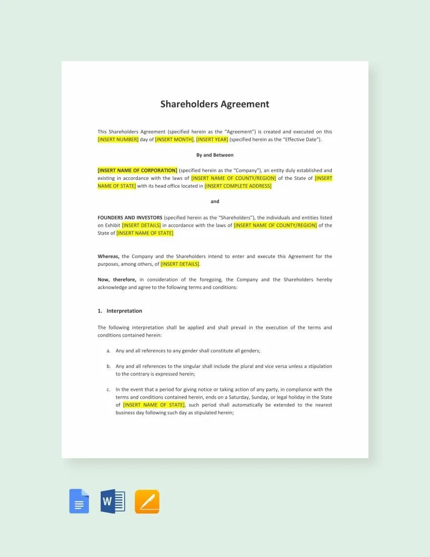 sample Shareholders Agreement Template sample Shareholders Agreement Template