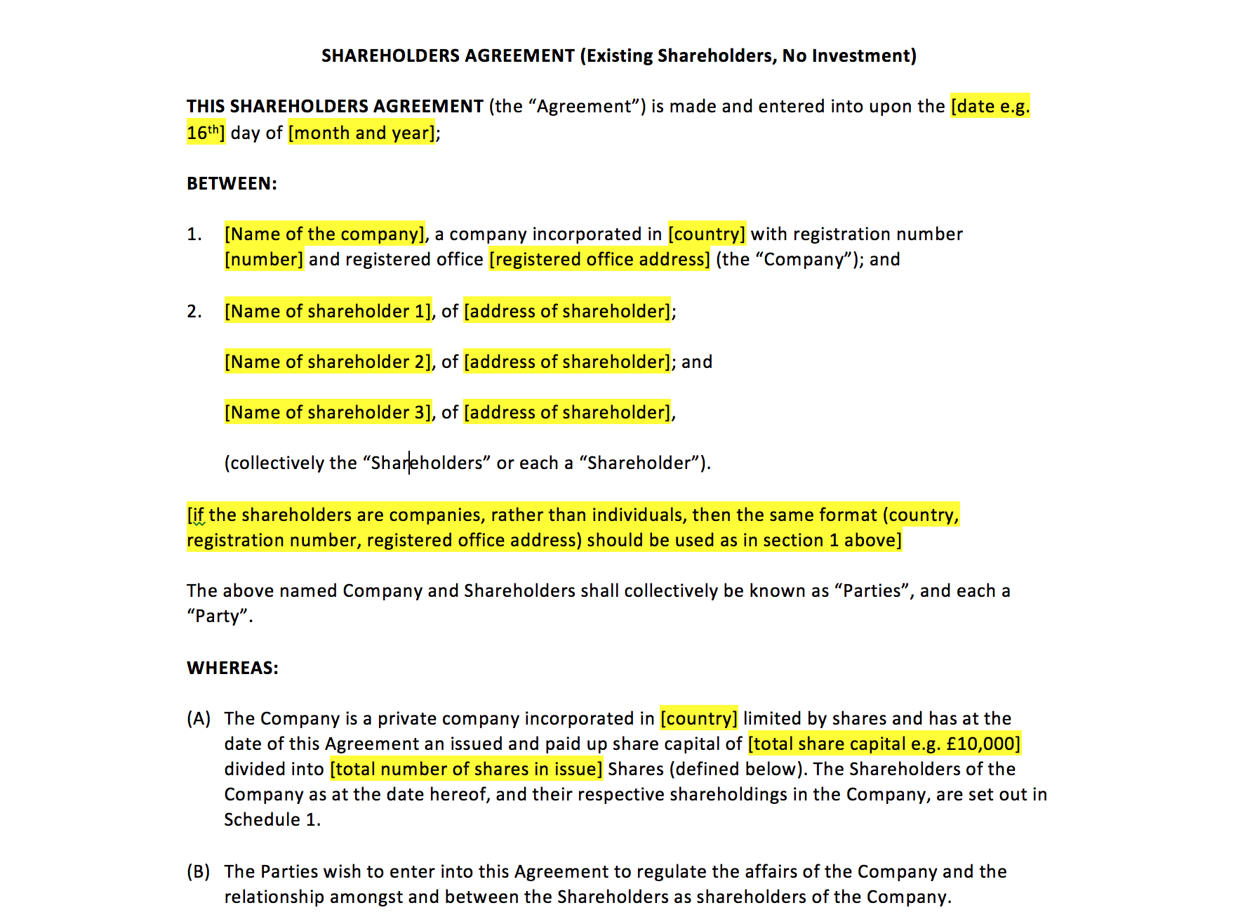 sample Shareholders Agreement Template sample Shareholders Agreement Template