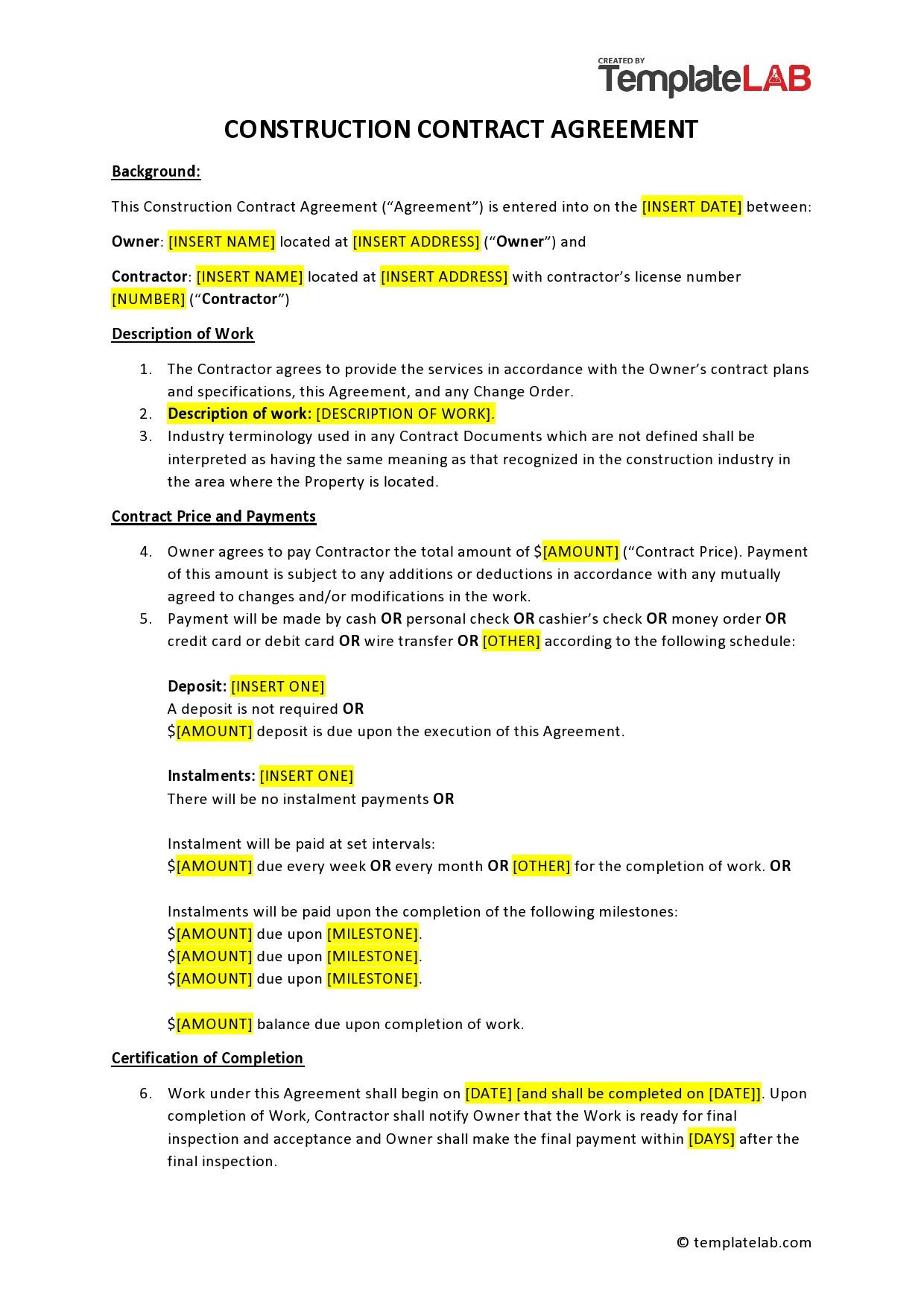 sample construction agreement template sample construction agreement template