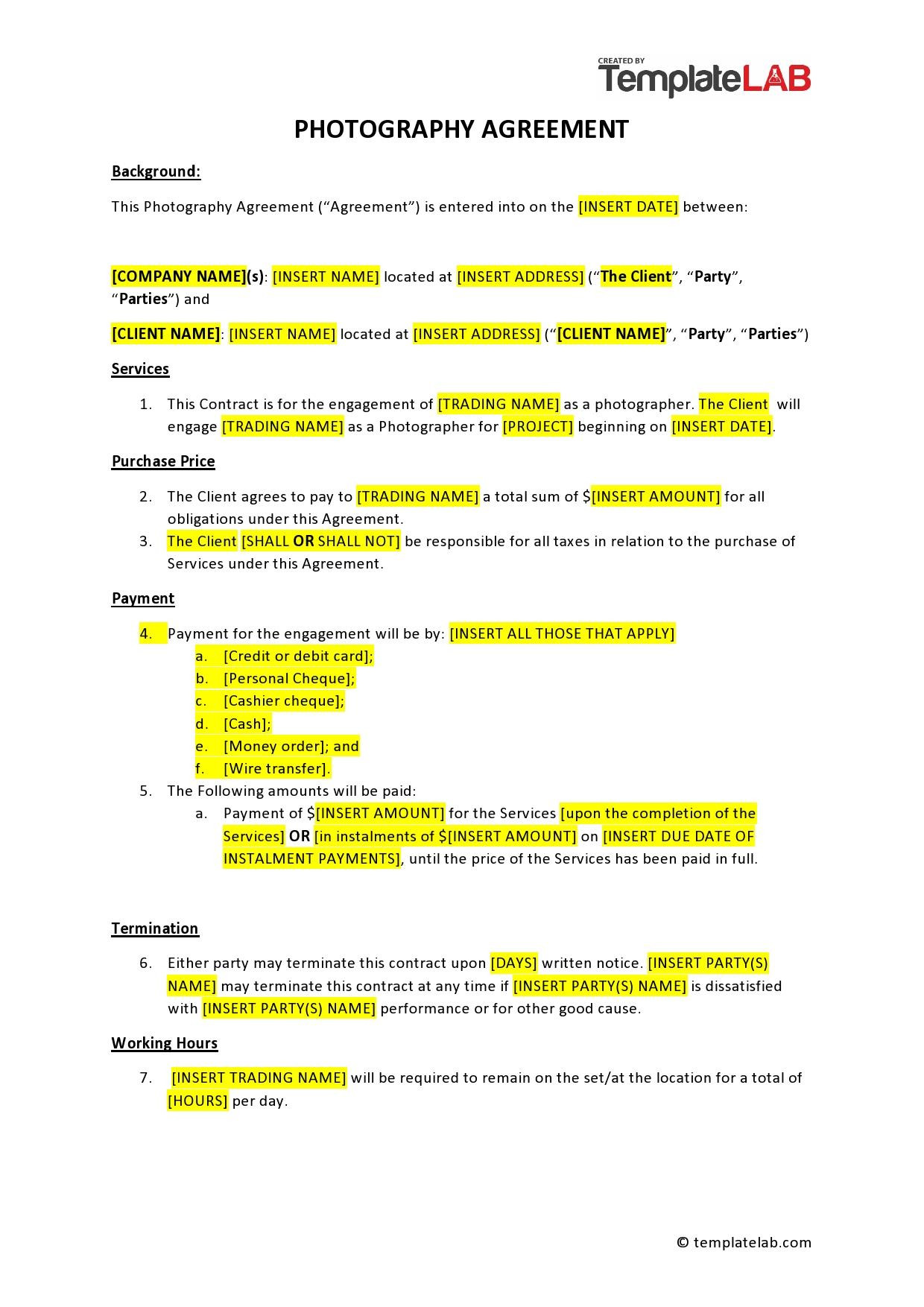 sample photographer agreement template sample photographer agreement template